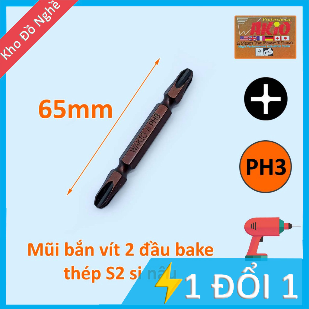Mũi bắt vít 2 đầu PH3 Wakio dài 65mm