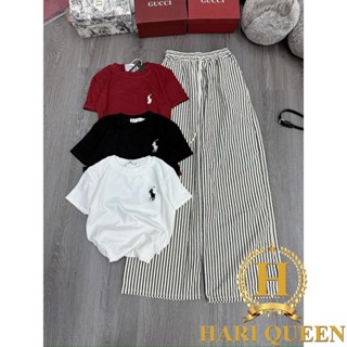 Set Bộ Áo Babytee In Logo Ngựa Mix Quần Xuông Kẻ Dọc HARIQUEEN