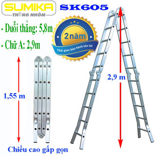 Thang nhôm gấp 4 đoạn Sumika SK605, kiểu chữ A 2,9m, có chiều dài duỗi thẳng lên đến 5,8m.