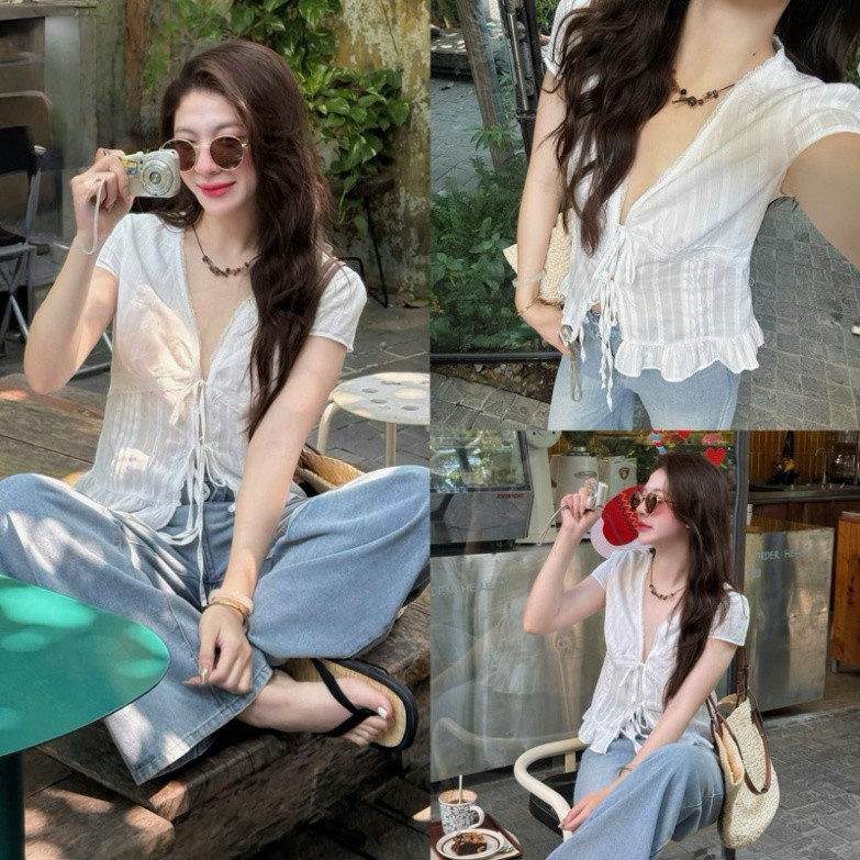 (ÁO REN MỎNG XẺ V KHOÉT SÂU) Áo ren xô mùa hè mỏng cổ V thắt dây ROSE TOP Lâm Tú Clothing MA467