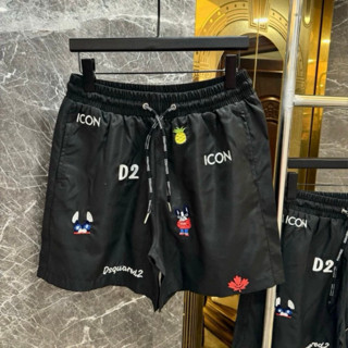 Quần short gió nam Dsq2 đen in hình sticker chó dứa lá chữ Icon cạp chun dây thắt fom dáng basic New 2025 [M61]