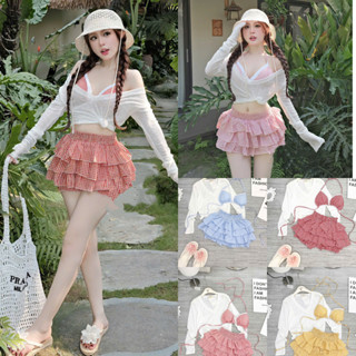 [Hot Summer]: Set 3 Món: Áo Thun Giấy Trắng Cổ V + Bra Dây Buộc 4 Màu Có Đệm Ngực Viền Ren + Chân Váy Đũi Tầng Slay