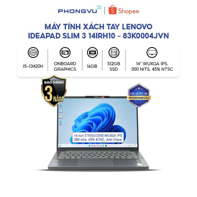 Máy tính xách tay/ Laptop Lenovo IdeaPad Slim 3 14IRH10 - 83K0004JVN (i5-13420H) (Xám) - Bảo hành 36