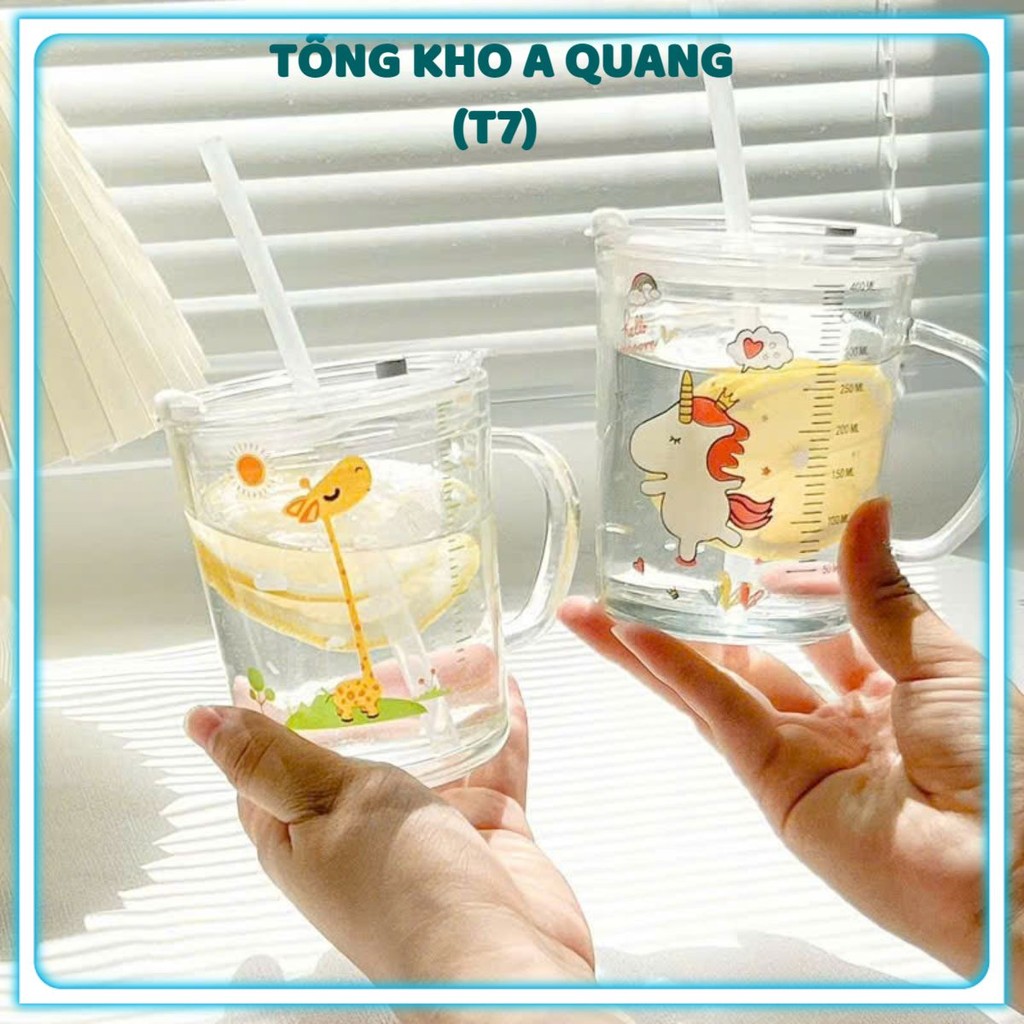 CỐC CHIA VẠCH TIỆN DỤNG - Cốc Thủy Tinh Pha Sữa Cho Bé Dễ Thương,Ly Quai Thủy Tinh Có Nắp Đậy An Toà