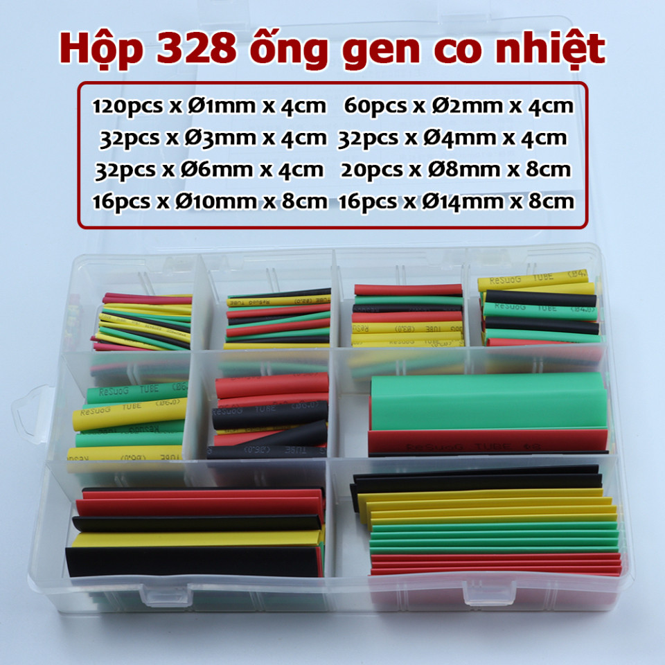 Bộ ống gen tổng hợp 580 328 gồm túi 127 328 với ống gen co nhiệt cắt sẵn đa dạng kích thước.