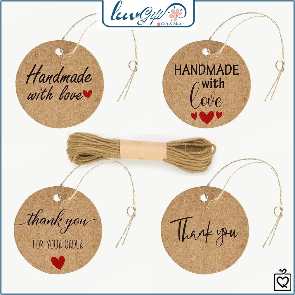 Set 50 Tag giấy kraft TE07 Thank you tròn tem giấy tag gói quà trang trí nắp hộp quà vintage