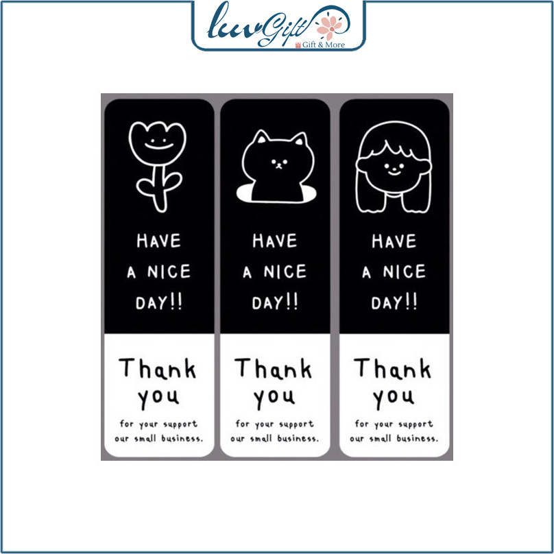30 sticker 3x9cm nhãn dán Cám ơn niêm phong hộp bao bì quà tặng TE34 Tem decal Thank you đen trắng