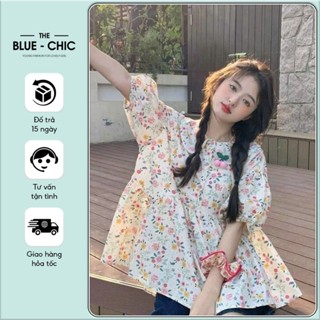 Áo Sơ Mi Kiểu Hikari Babydoll Hoa Nhí Tay Ngắn Tiểu Thư Chất Voan Mềm Mịn Đi Làm Dạo Phố Nhẹ Nhàng Thanh Lịch Blue Chic