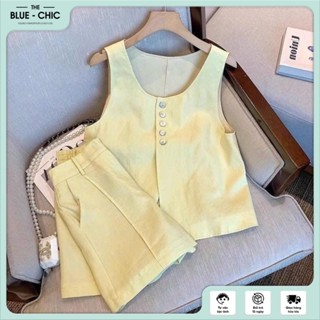 Set bộ Kaiyo nữ tay ngắn Cúc Cổ Áo Vạt Chéo mix quần short cạp chun ống rộng xinh xắn - Blue Chic