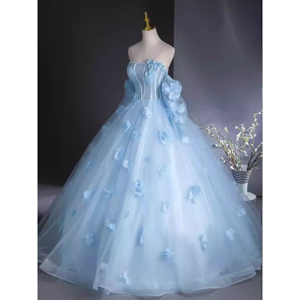 Lễ tốt nghiệp nghệ thuật cho người lớn, váy xanh nhạt, váy cưới nhẹ nhàng, váy lưới xanh, váy ngọt n