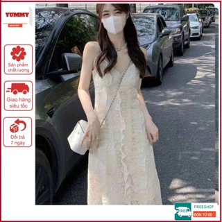 Váy maxi hai dây ren Yummy hoa cao cấp nữ tính, Đầm maxi ren trắng sang chảnh đi biển D71