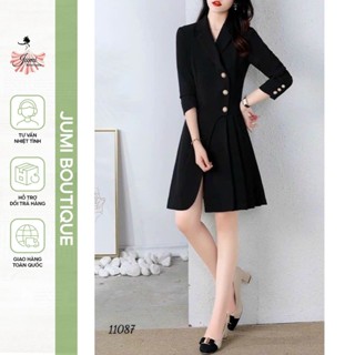  Đầm xòe cổ vest phối nút chất cotton lạnh dập pli cao cấp phong cách công sở thanh lịch - D476 Jumi 