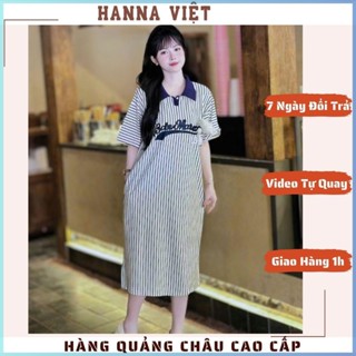 Váy Nữ Sang Chảnh, Váy Xuông Babydoll Dáng Dài Cổ Polo Kẻ Sọc Thêu Chữ Kèm Gấu Rời Cực Xinh Ms708