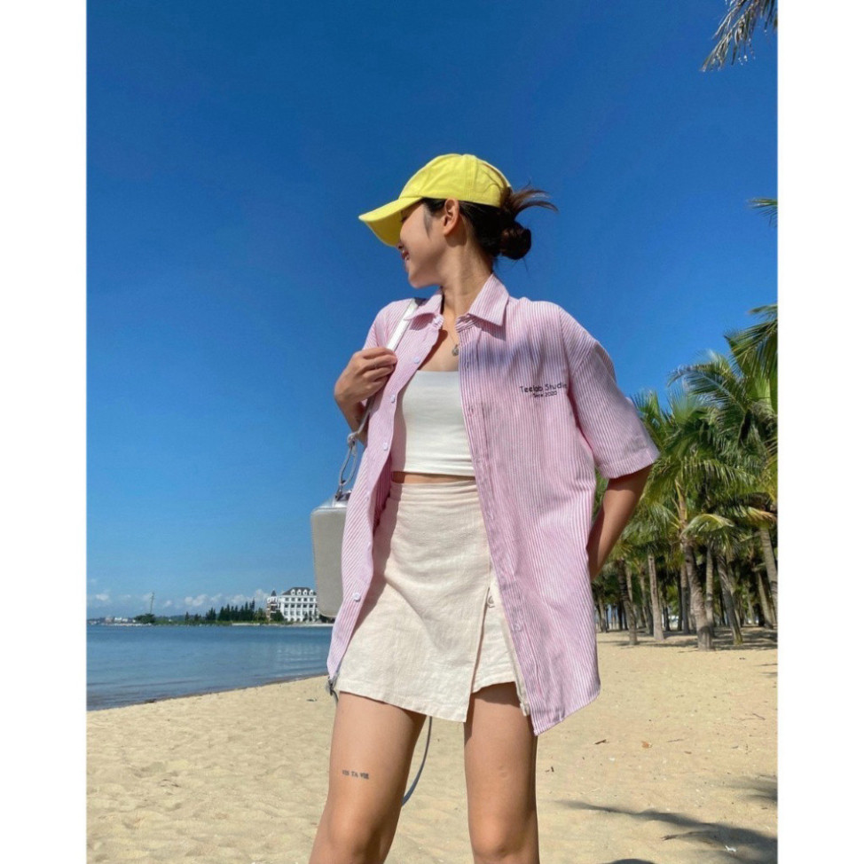 Áo Sơ Mi Tay Ngắn Nam Nữ Kẻ Sọc Teelab Local Brand Chất Liệu Oxford Form Oversize 3 Màu Xanh, Hồng, 
