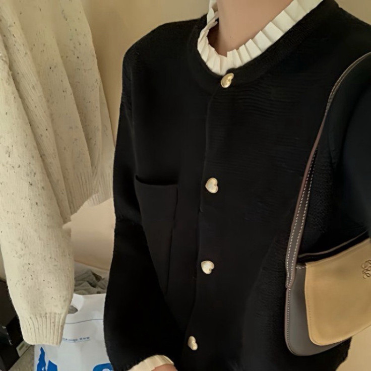 cadigan Len gân quảng châu phối cổ bèo cúc trái tim, len dệt cao cấp FUFU FUFU