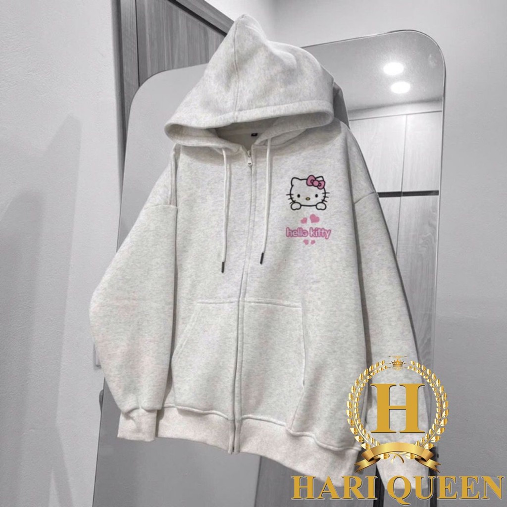 Áo khoác nỉ mũ hai lớp logo Các Mẫu Mèo Hello basic HARIQUEEN - Áo nỉ mũ khóa lót bông tay bồng thời trang cá tính