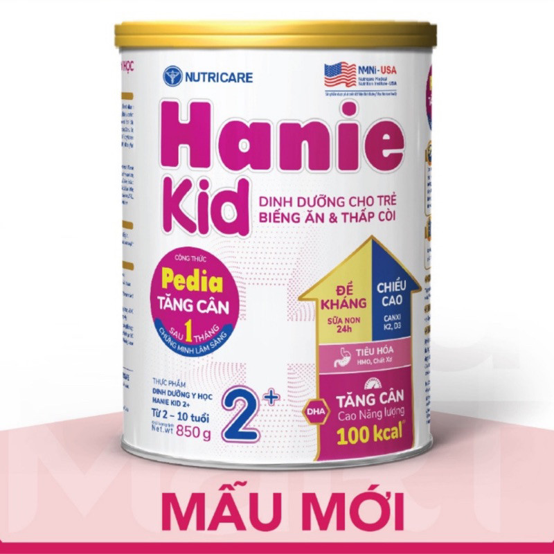 Sữa bột Hanie Kid 2+ dành cho trẻ biếng ăn, chậm lớn, còi xương và suy dinh dưỡng lon 850g