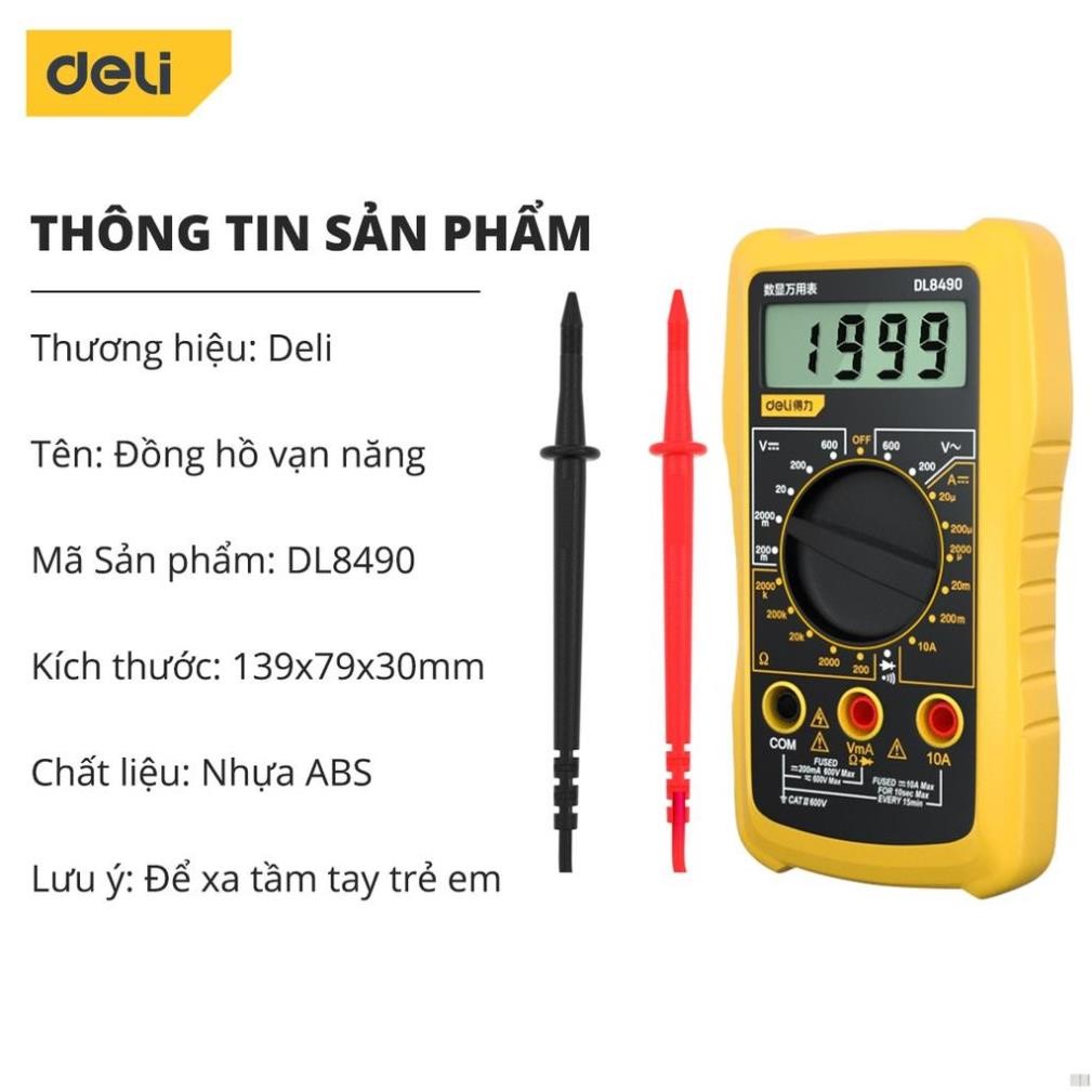 Đồng hồ vạn năng Deli chính hãng - Màn hình LED kỹ thuật số - Phạm vi đo 600V - Bảo hành 12 tháng - 