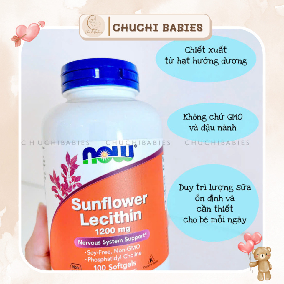 Viên uống hỗ trợ chống tắc tia sữa Now Foods Sunflower Lecithin (100 viên) không GMO, không đậu nành