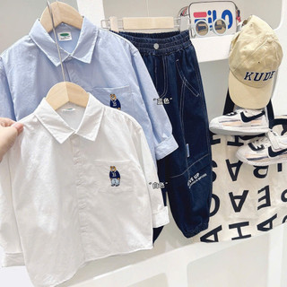 Áo sơ mi dài tay vải thô mềm mại hình gấu cho bé trai, bé gái từ 3 đến 15 tuổi (Mã: RKRMB19800) RKF
