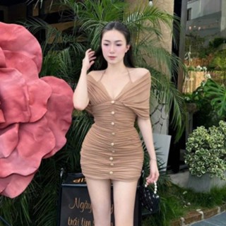 đầm body sang chảnh,váy tiểu thư sang chảnh trễ vai cúc dồng xinh sang V62