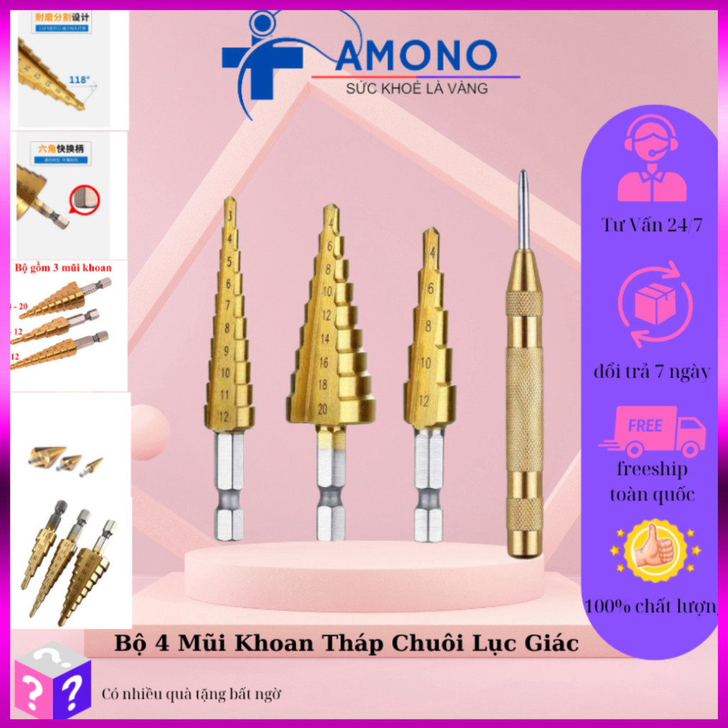Deal Tốt- bộ 4 mũi khoan-Mũi khoan tháp xoắn mạ titan hình nón 4-12mm 4-20mm 4-32mm Bộ 4 mũi khoan t