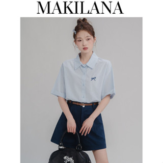 SM28 Áo sơ mi nữ MAKILANA phong cách học viện cổ POLO, thêu nơ xinh xắn, chất liệu mỏng nhẹ mặc hè mát mẻ SM28