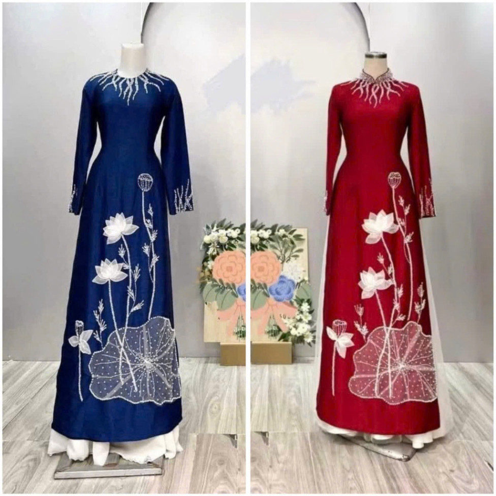 Áo Dài Cao Cấp Cho Mẹ MIN N07 - Lụa Vân Gỗ Đính Kết Thủ Công Siêu Sang Dành Cho Phụ Nữ Trung Niên