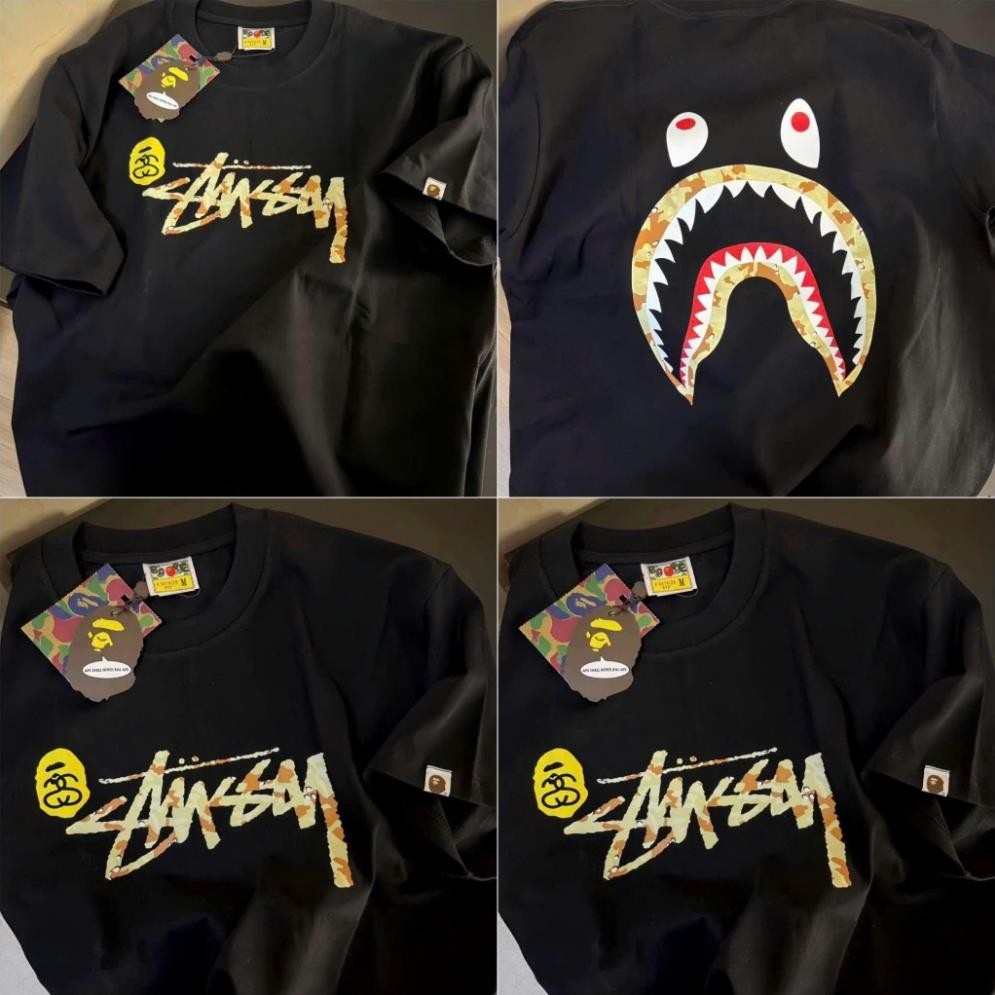 Áo thun unisex form rộng Stussy Bape Shark in hình cao cấp - Áo Phông Nam Nữ In Chất Cotton Cao Cấp