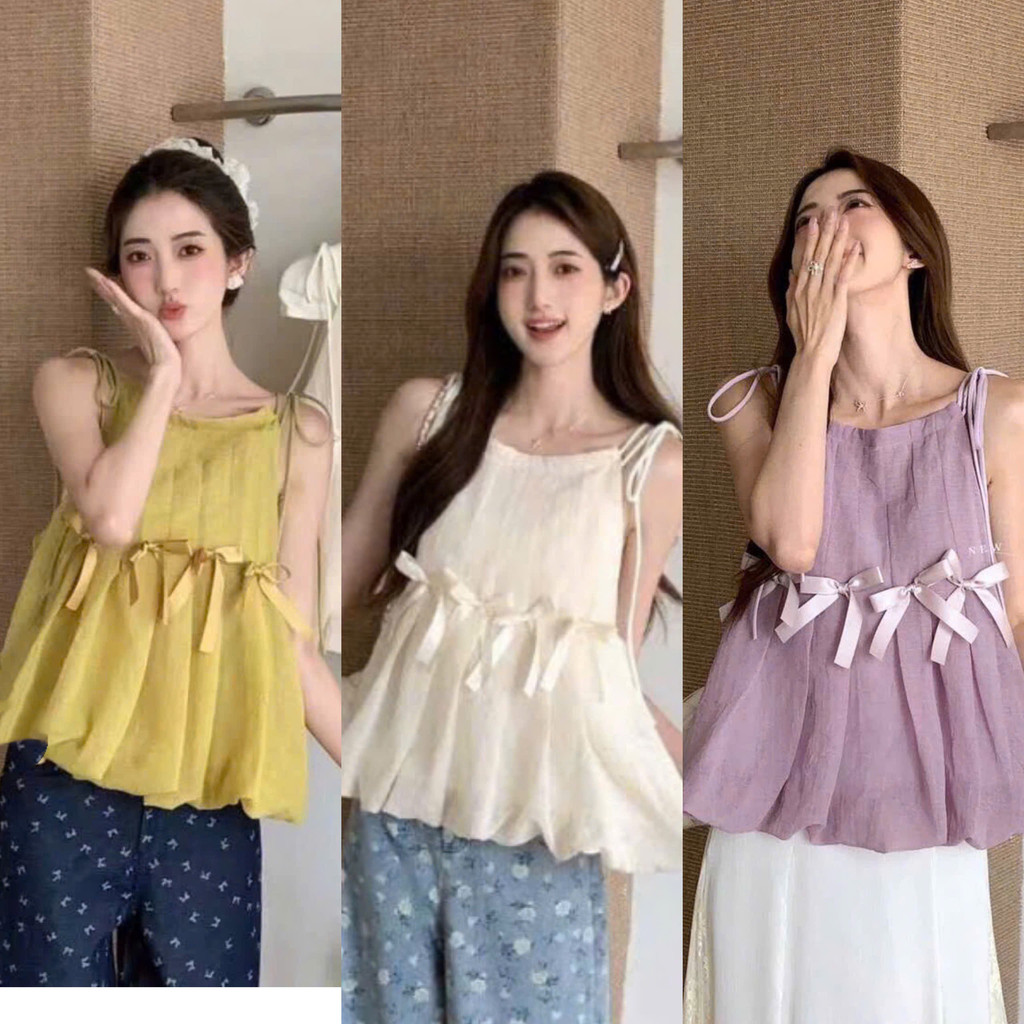 Set Áo Tơ Babydoll 2 Dây Buộc Vai, Đính Nơ Ruy Băng Xinh Xắn Mix Chân Váy Boom 3 Màu Siêu Bánh Bèo (