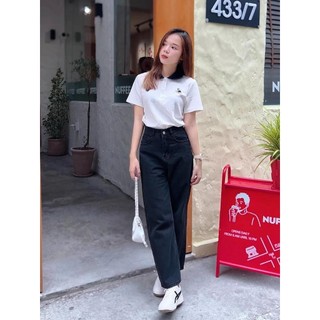 Quần Jean Suông Túi Nắp Xám Đen Nữ Nấm Lùn Siêu xinh ND