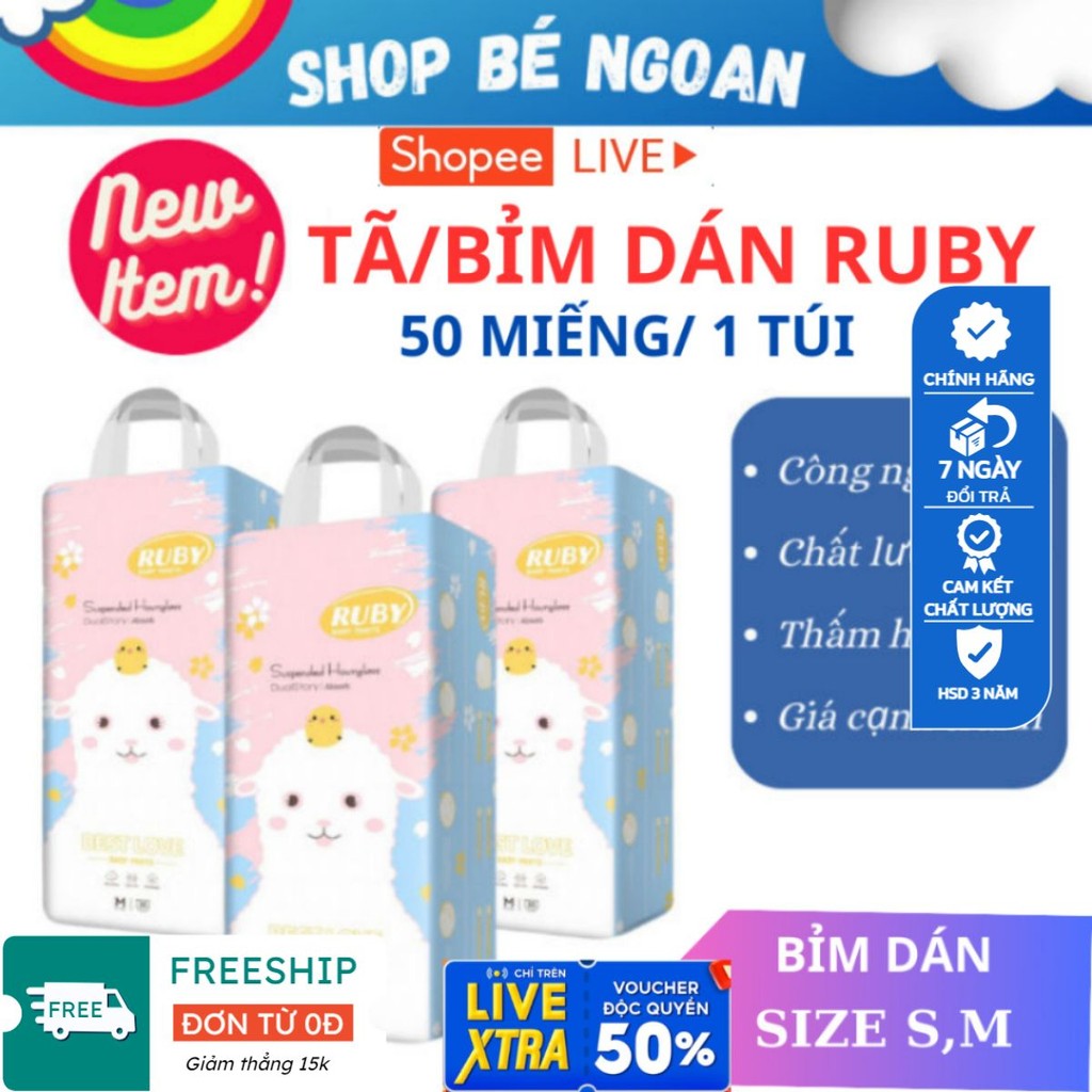 [COMBO 50-100 MIẾNG]Bỉm Dán RUBY xuất Nhật size S/M Tã/Bỉm dán siêu mỏng,siêu thấm,thoáng khí Shop Bé Ngoan