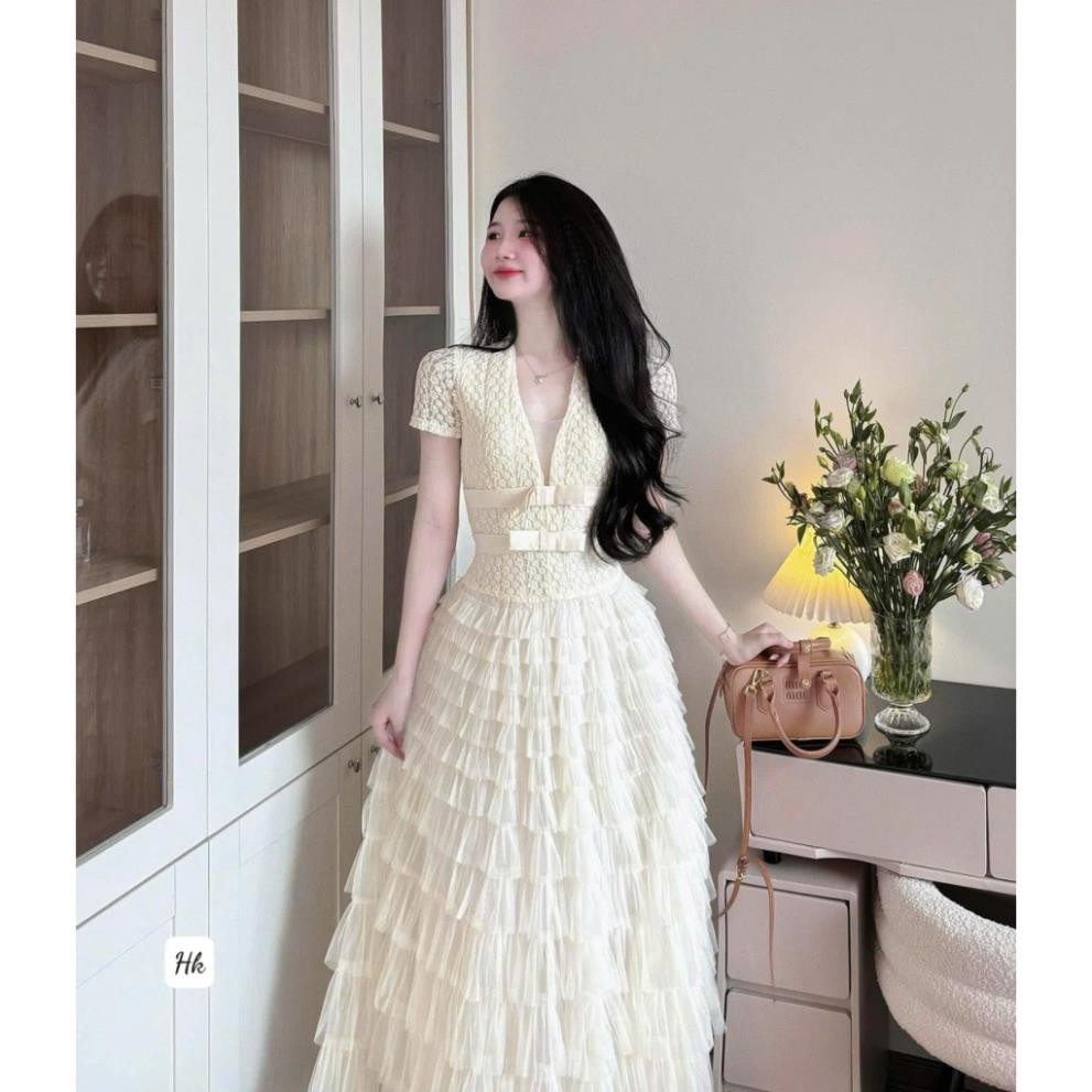 Váy nữ dáng dài váy ren trắng cổ V cao cấp váy nữ dự tiệc váy tiểu thư hàng loại 1 chuẩn mẫu HK DESI