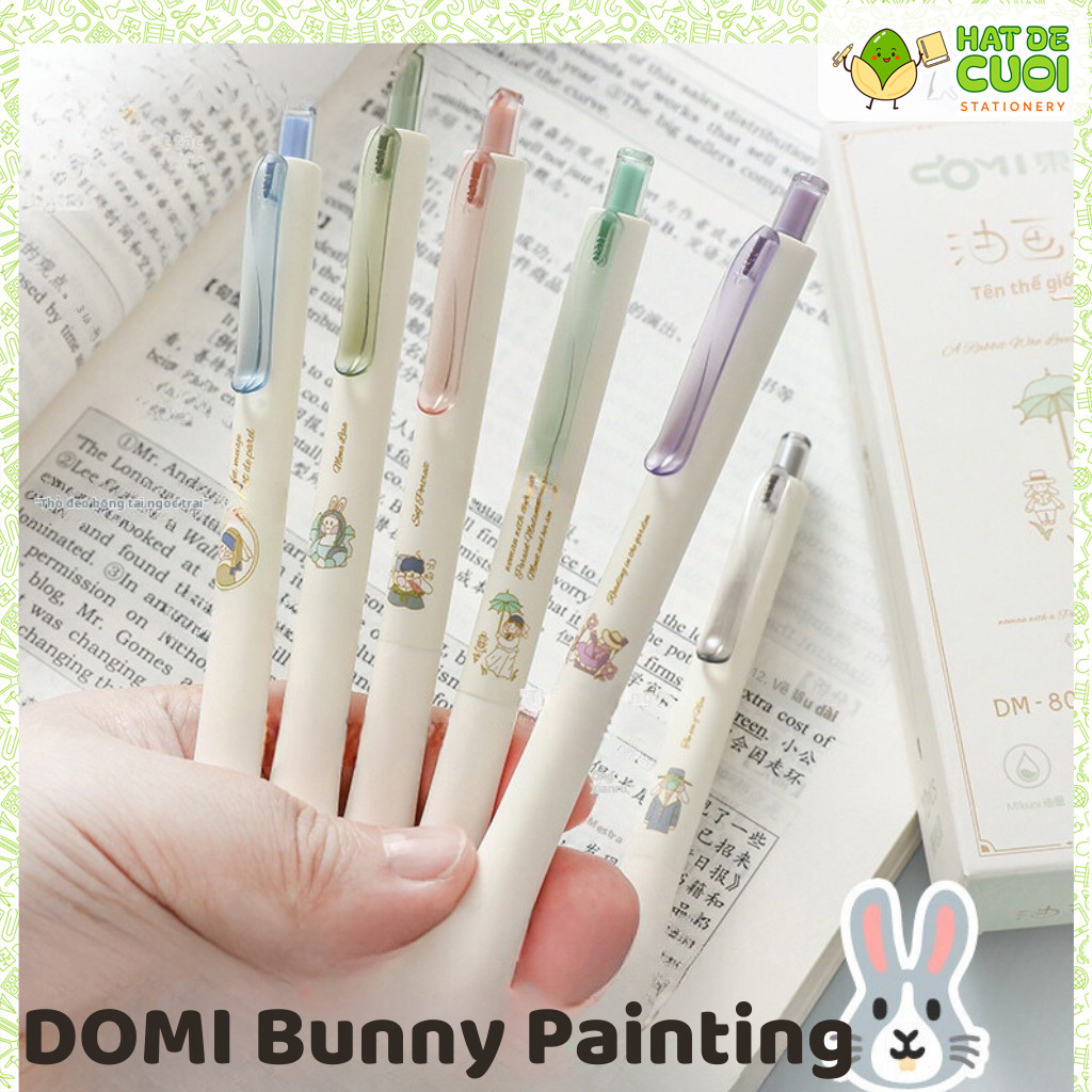Bút gel bấm Domi đệm cao su tranh sơn dầu thỏ nghệ thuật phục hưng DM-802 B143 Bút mực đen 0.5mm hat