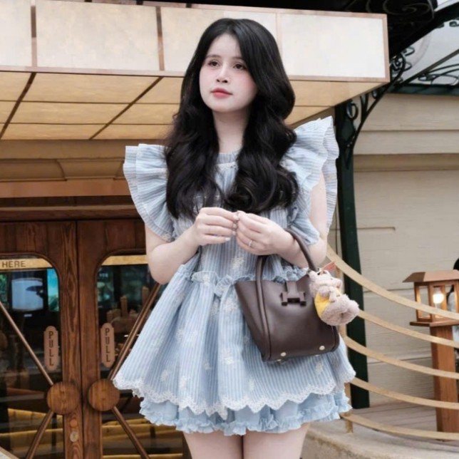 set đồ nữ cao cấp,set đồ nữ douyin áo kẻ tay hến thêu hoạ tiết tràn S64