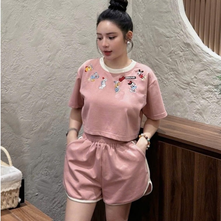bộ mặc nhà nữ,set đồ nữ douyin áo crotop kèm hình thêu cute quanh cổ S59