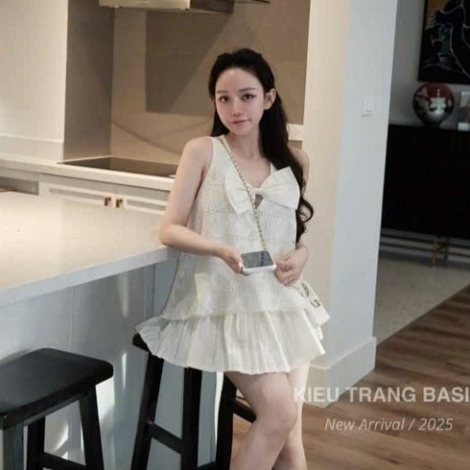 set váy xinh mùa hè,set đồ nữ douyin cổ V phối ren đính nơ bản to trước ngực S23