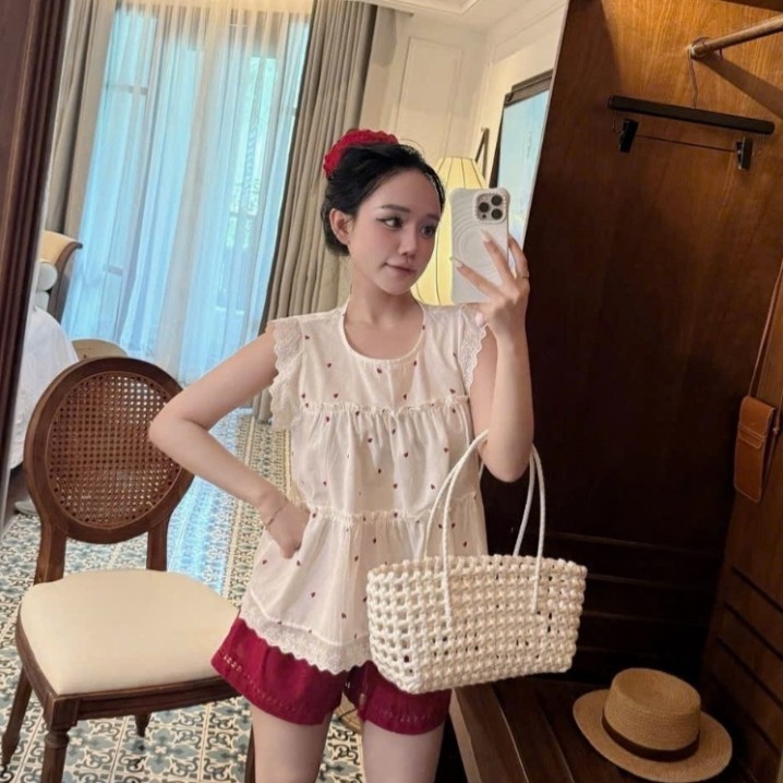 bộ mặc nhà nữ,set đồ nữ douyin áo chấm bi mix quần đùi tặng kèm nơ S13