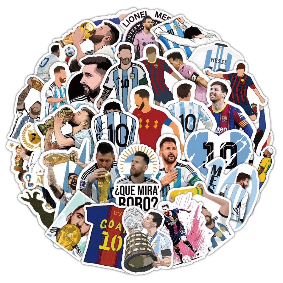 Set 10 cái Sticker Messi m10 dán mũ bảo hiểm, hình dán Messi chống nước, decal hình cầu thủ Messi