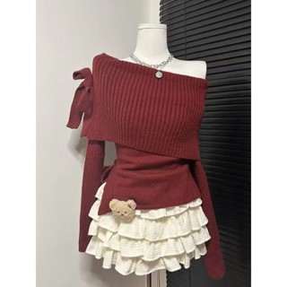 (Sẵn Sẵn QC loại 1) Áo len dệt kim hở vai dài tay đính nơ xẻ hông dành cho nữ kiểu dáng tiểu thư hai màu