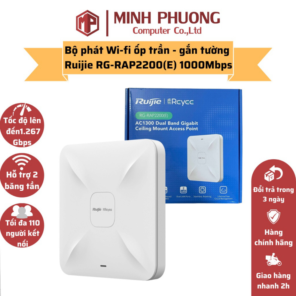 AP WiFi Ốp Trần Ruijie 2200E/F Tốc Độ 1.2Gbps Cổng LAN 1000M Dual-Band 110 Users