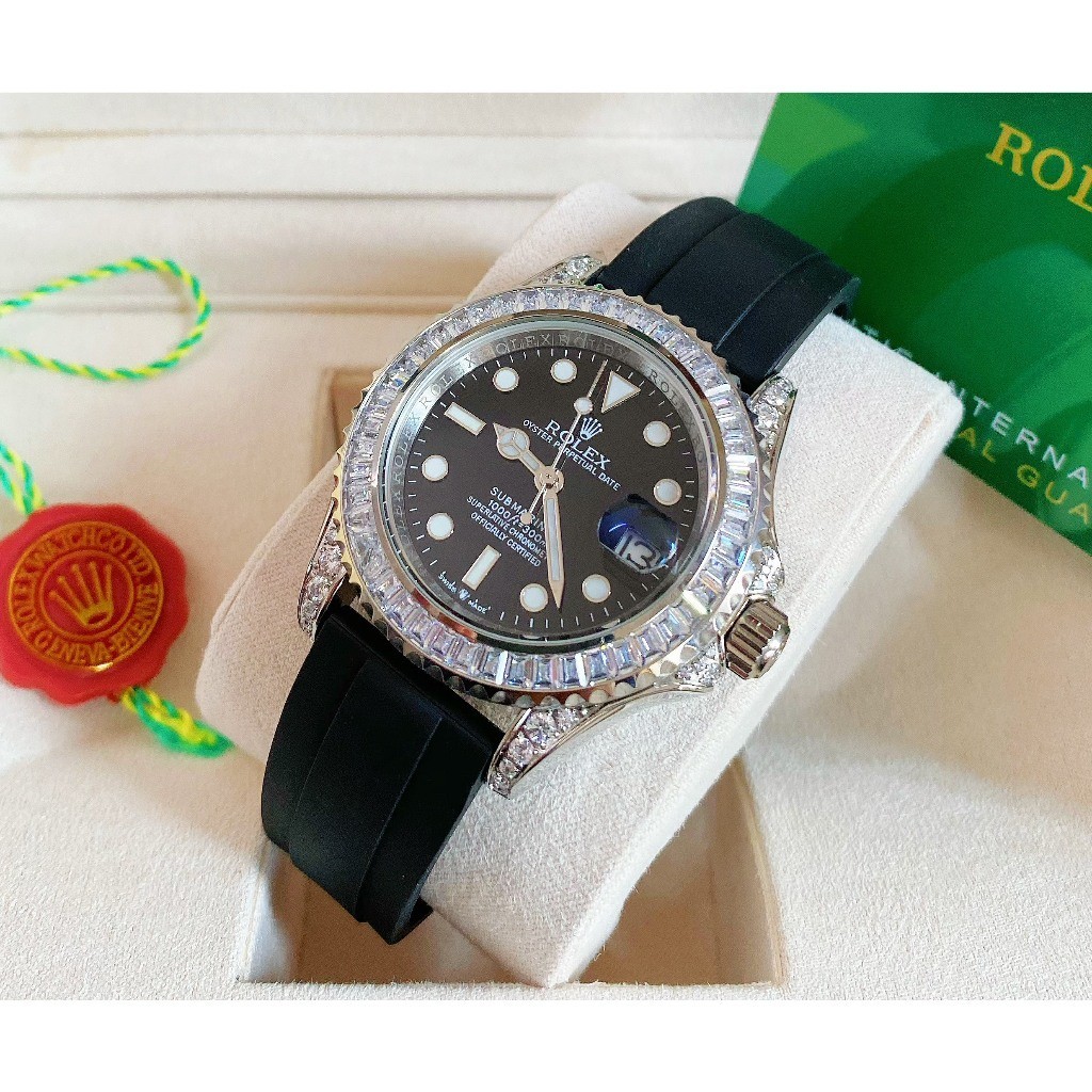 fullbox hãng - đồng hồ nam Rolex Submariner 41mm máy cơ nhật bản, viền cz baguette - dây silicone