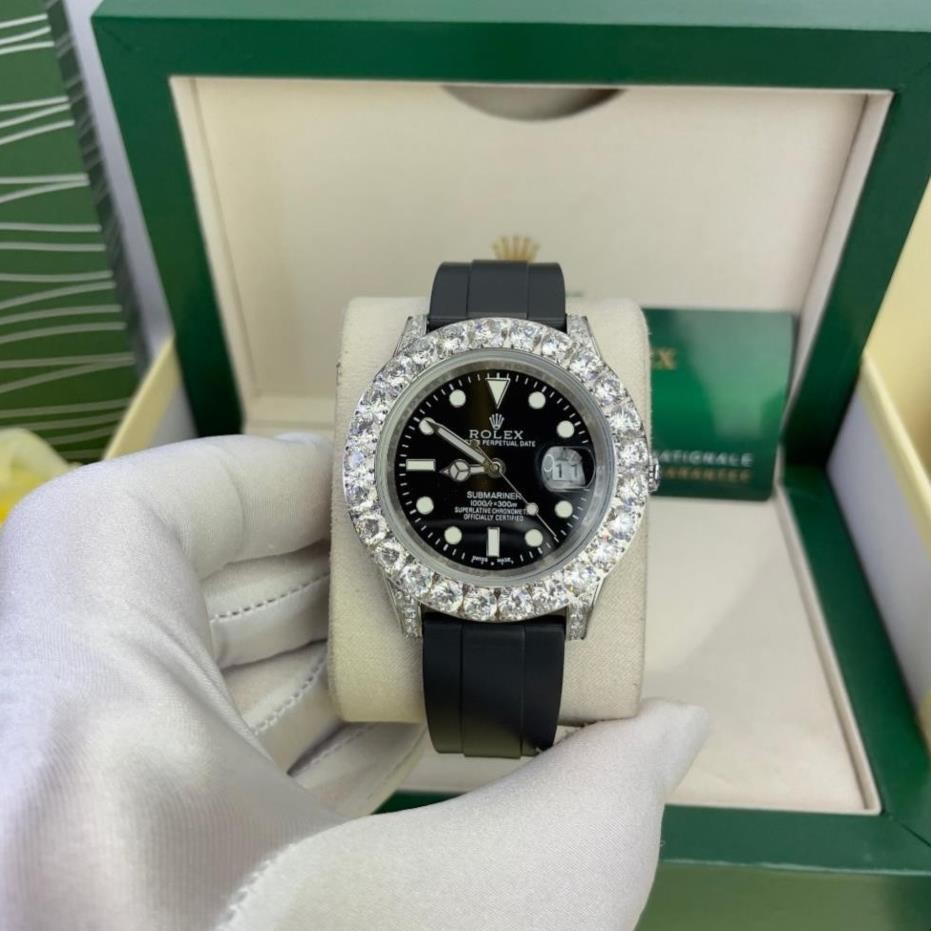 fullbox hãng - đồng hồ nam Rolex Submariner 41mm máy cơ nhật bản, viền đá cz - dây silicone