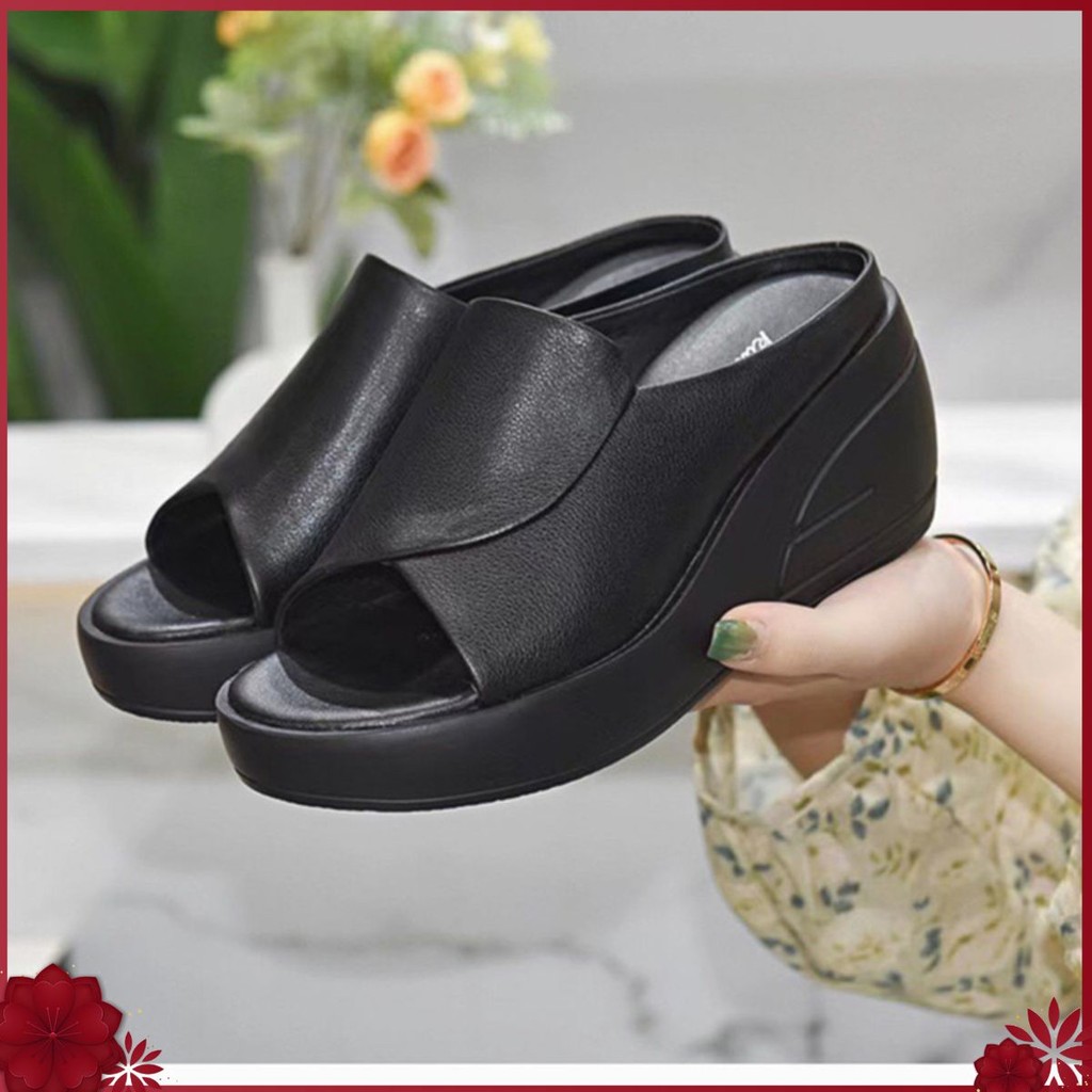 Dép đế xuồng da thật chống thấm nước tôn dáng 7 CM siêu đẹp size 35 -41 hai màu đen trắng