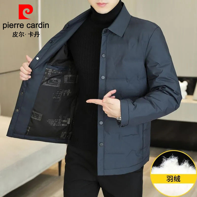 Pierre Cardin cao cấp2024Áo khoác lông vịt trắng nhẹ mùa đông, cổ bẻ ngắn, ấm áp cho bố mùa đông