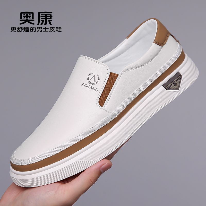【Thoải Mái】Giày nam Aokang da thật mùa hè thoáng khí giày thường nam giày trắng slip-on giày thể tha