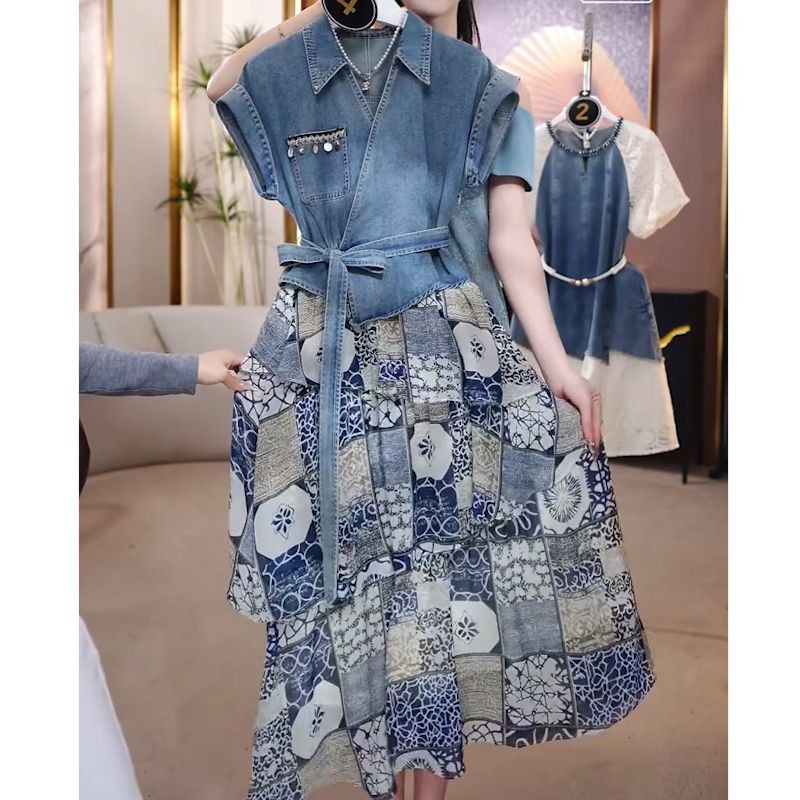 Váy denim giả hai mảnh Ou Ruofeng Niche Patchwork2025Phong cách mùa hè mới thanh lịch, ôm eo, thon g