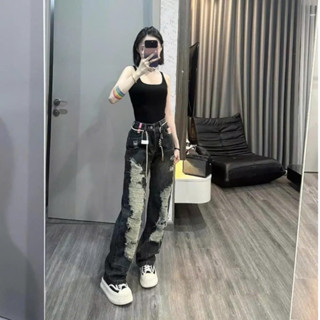  Quần jean rách nhiều ELWYN quần jean rách tả tơi bụi cá tính dễ phối đồ màu đen ánh rêu cạp cao size S M L 83980 