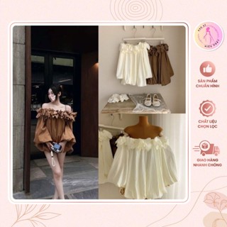 Váy trễ vai nữ dáng bí tay dài bồng chất mịn mát tôn dáng 2 màu nâu kem siêu xinh