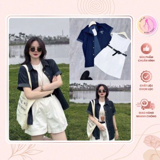 Set 4 món - áo ba lỗ trắng kèm áo sơ mi bò tay lỡ phối quần đùi trắng kaki cho nữ đi chơi siêu xinh